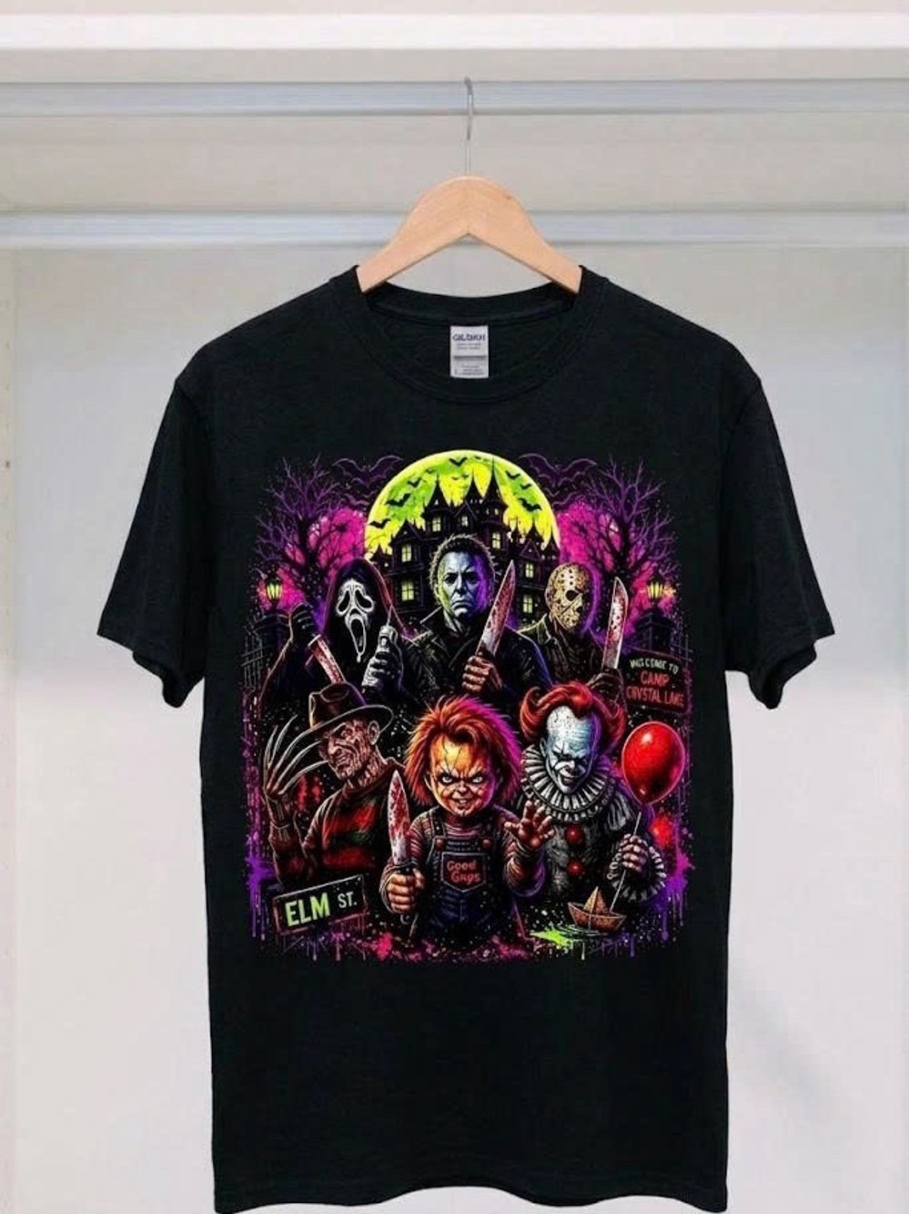 Horror Movie Villains Graphic T-Shirt Halloween Slasher Squad Black Tee Unisex